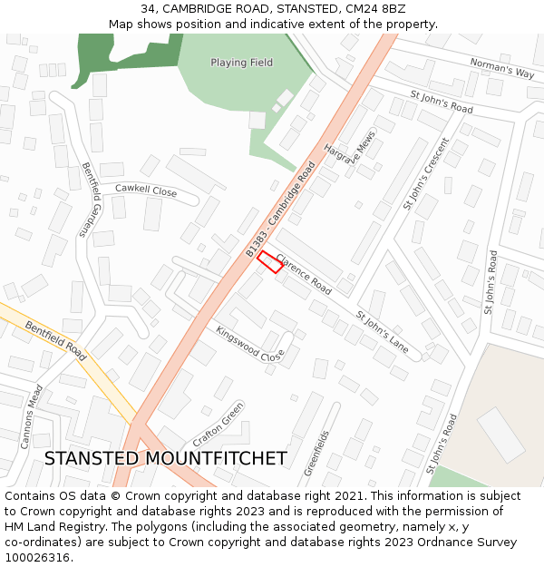 34, CAMBRIDGE ROAD, STANSTED, CM24 8BZ: Location map and indicative extent of plot