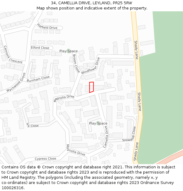 34, CAMELLIA DRIVE, LEYLAND, PR25 5RW: Location map and indicative extent of plot