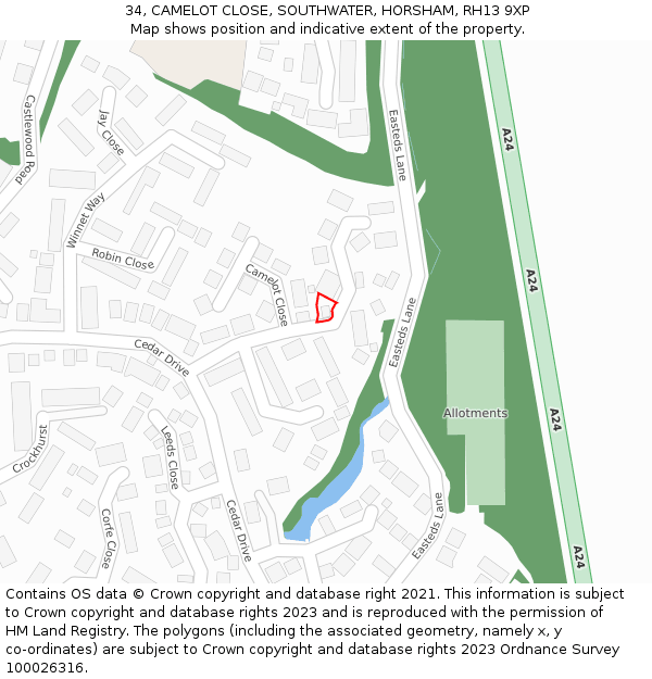 34, CAMELOT CLOSE, SOUTHWATER, HORSHAM, RH13 9XP: Location map and indicative extent of plot