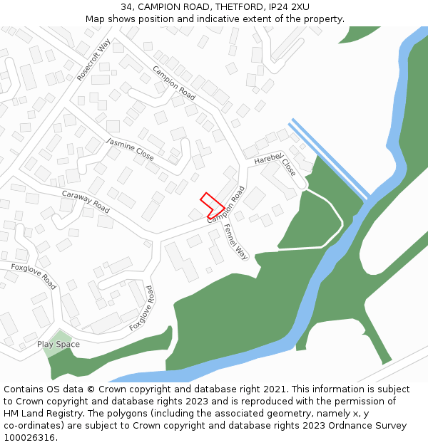 34, CAMPION ROAD, THETFORD, IP24 2XU: Location map and indicative extent of plot