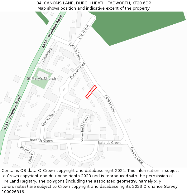 34, CANONS LANE, BURGH HEATH, TADWORTH, KT20 6DP: Location map and indicative extent of plot