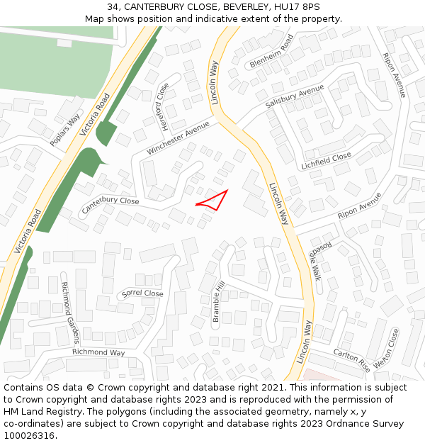 34, CANTERBURY CLOSE, BEVERLEY, HU17 8PS: Location map and indicative extent of plot