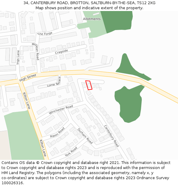 34, CANTERBURY ROAD, BROTTON, SALTBURN-BY-THE-SEA, TS12 2XG: Location map and indicative extent of plot