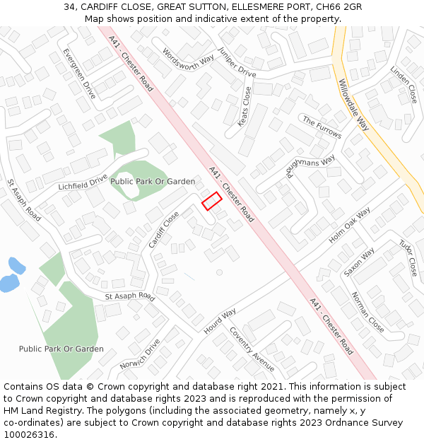 34, CARDIFF CLOSE, GREAT SUTTON, ELLESMERE PORT, CH66 2GR: Location map and indicative extent of plot