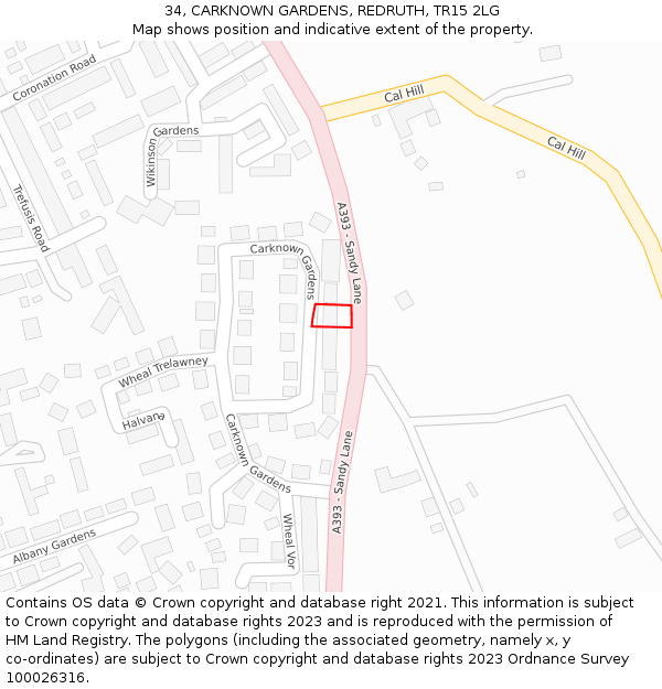 34, CARKNOWN GARDENS, REDRUTH, TR15 2LG: Location map and indicative extent of plot