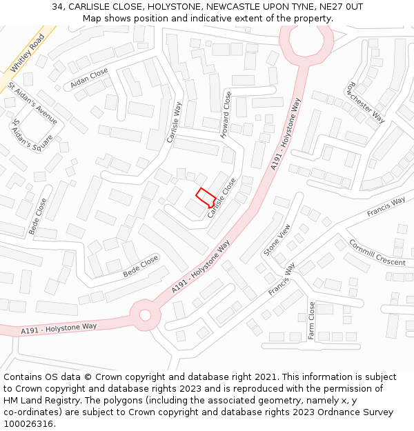 34, CARLISLE CLOSE, HOLYSTONE, NEWCASTLE UPON TYNE, NE27 0UT: Location map and indicative extent of plot