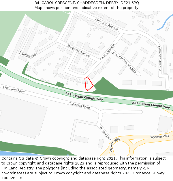 34, CAROL CRESCENT, CHADDESDEN, DERBY, DE21 6PQ: Location map and indicative extent of plot