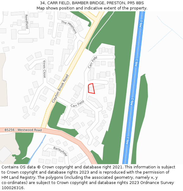 34, CARR FIELD, BAMBER BRIDGE, PRESTON, PR5 8BS: Location map and indicative extent of plot