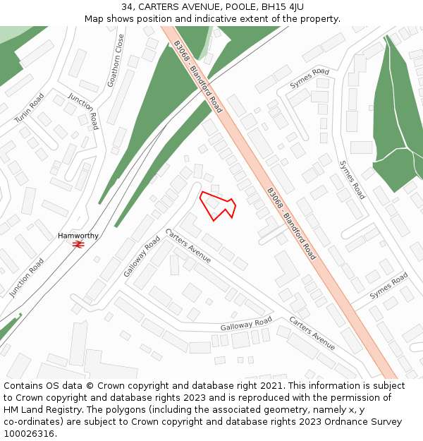 34, CARTERS AVENUE, POOLE, BH15 4JU: Location map and indicative extent of plot