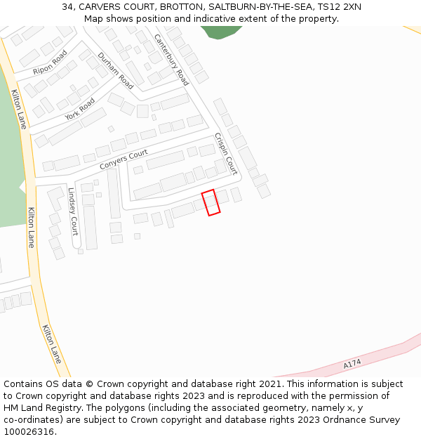 34, CARVERS COURT, BROTTON, SALTBURN-BY-THE-SEA, TS12 2XN: Location map and indicative extent of plot