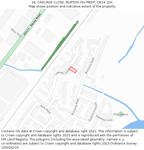 34, CASCADE CLOSE, BURTON-ON-TRENT, DE14 1DX: Location map and indicative extent of plot