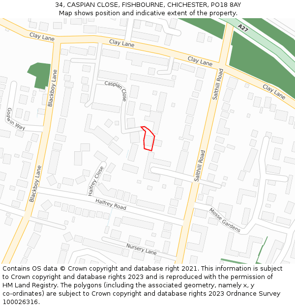 34, CASPIAN CLOSE, FISHBOURNE, CHICHESTER, PO18 8AY: Location map and indicative extent of plot