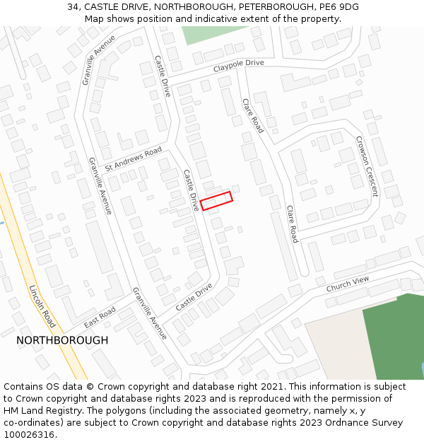 34, CASTLE DRIVE, NORTHBOROUGH, PETERBOROUGH, PE6 9DG: Location map and indicative extent of plot