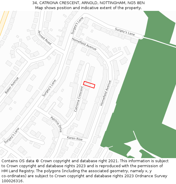 34, CATRIONA CRESCENT, ARNOLD, NOTTINGHAM, NG5 8EN: Location map and indicative extent of plot