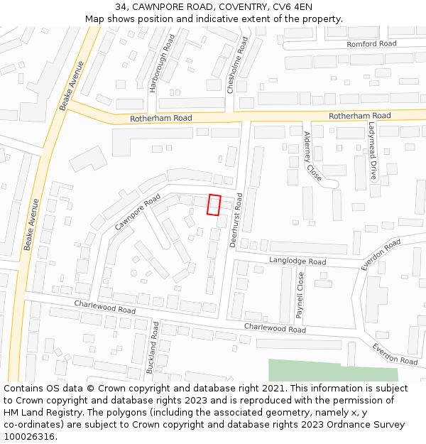 34, CAWNPORE ROAD, COVENTRY, CV6 4EN: Location map and indicative extent of plot