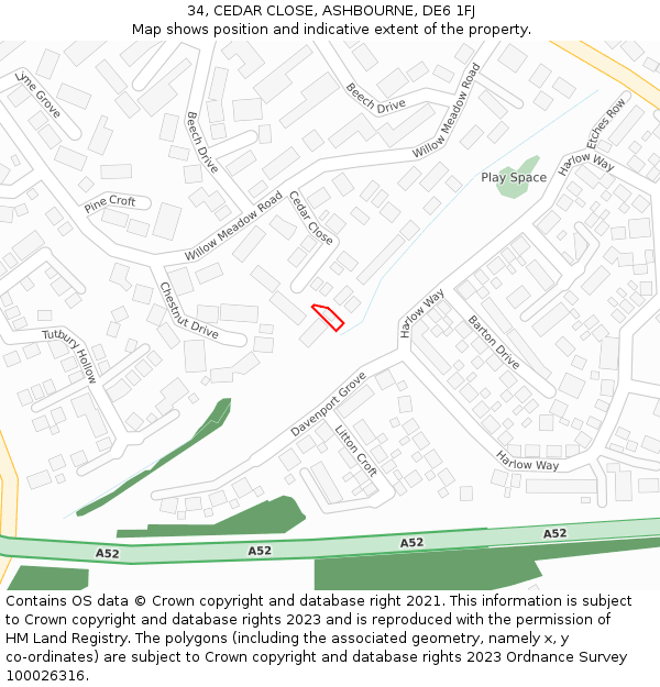 34, CEDAR CLOSE, ASHBOURNE, DE6 1FJ: Location map and indicative extent of plot