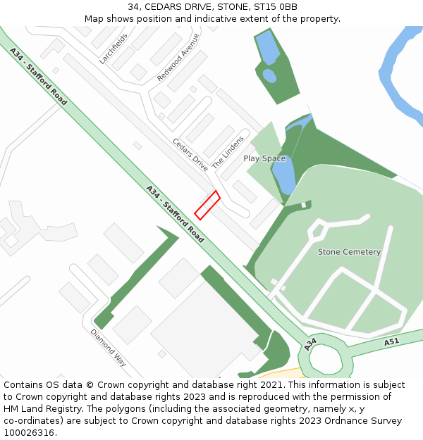 34, CEDARS DRIVE, STONE, ST15 0BB: Location map and indicative extent of plot