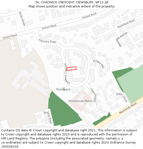 34, CHADWICK CRESCENT, DEWSBURY, WF13 2JF: Location map and indicative extent of plot