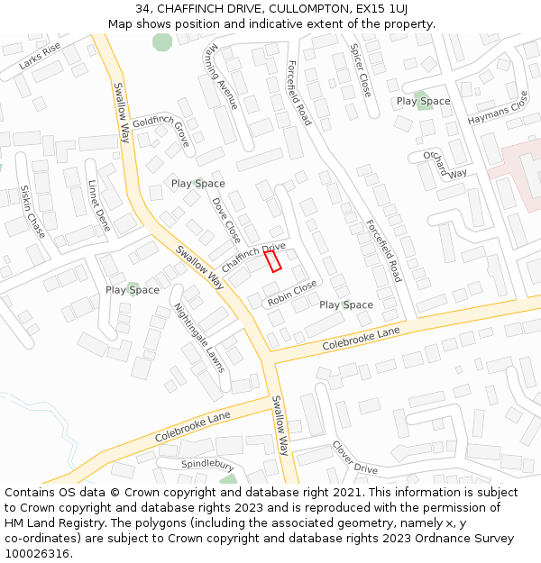 34, CHAFFINCH DRIVE, CULLOMPTON, EX15 1UJ: Location map and indicative extent of plot