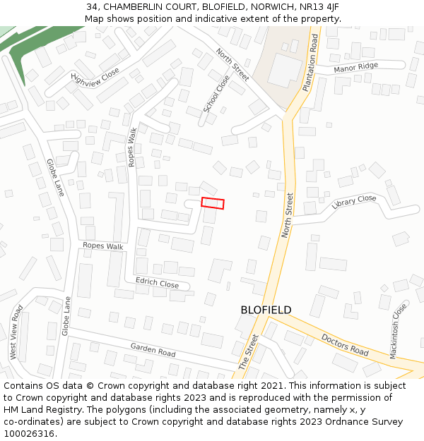 34, CHAMBERLIN COURT, BLOFIELD, NORWICH, NR13 4JF: Location map and indicative extent of plot