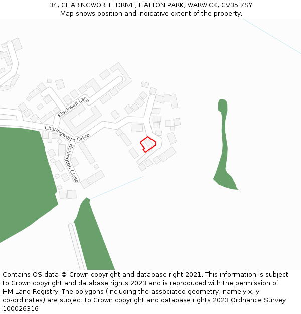 34, CHARINGWORTH DRIVE, HATTON PARK, WARWICK, CV35 7SY: Location map and indicative extent of plot