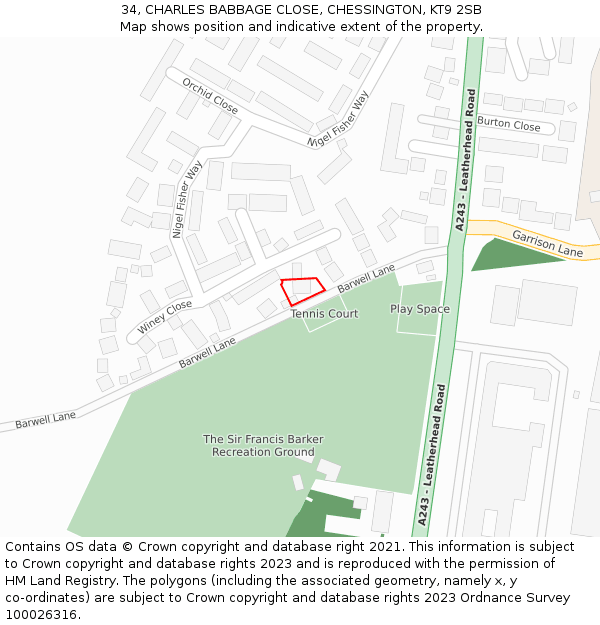 34, CHARLES BABBAGE CLOSE, CHESSINGTON, KT9 2SB: Location map and indicative extent of plot