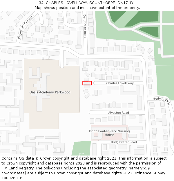 34, CHARLES LOVELL WAY, SCUNTHORPE, DN17 1YL: Location map and indicative extent of plot