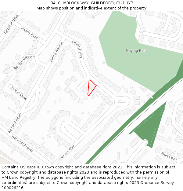 34, CHARLOCK WAY, GUILDFORD, GU1 1YB: Location map and indicative extent of plot