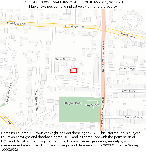 34, CHASE GROVE, WALTHAM CHASE, SOUTHAMPTON, SO32 2LF: Location map and indicative extent of plot