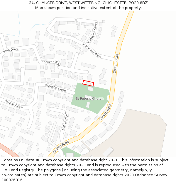 34, CHAUCER DRIVE, WEST WITTERING, CHICHESTER, PO20 8BZ: Location map and indicative extent of plot