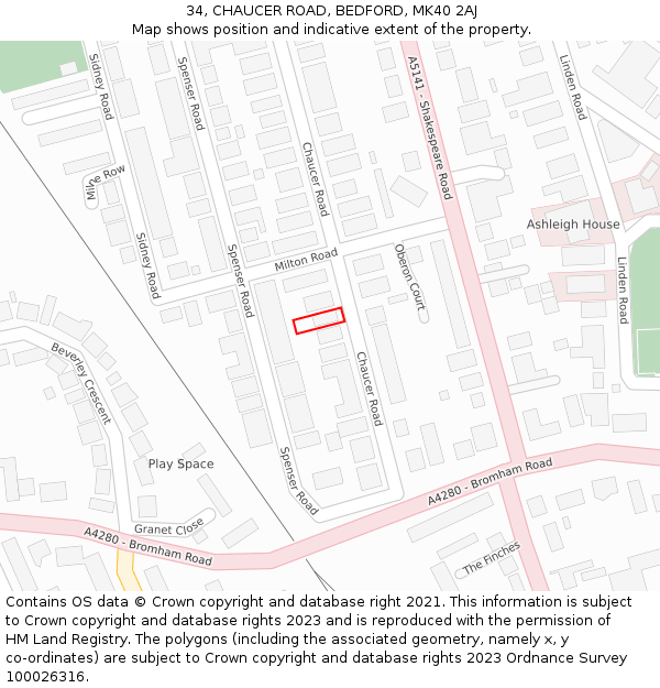 34, CHAUCER ROAD, BEDFORD, MK40 2AJ: Location map and indicative extent of plot