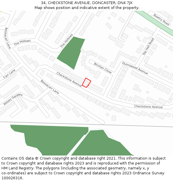 34, CHECKSTONE AVENUE, DONCASTER, DN4 7JX: Location map and indicative extent of plot