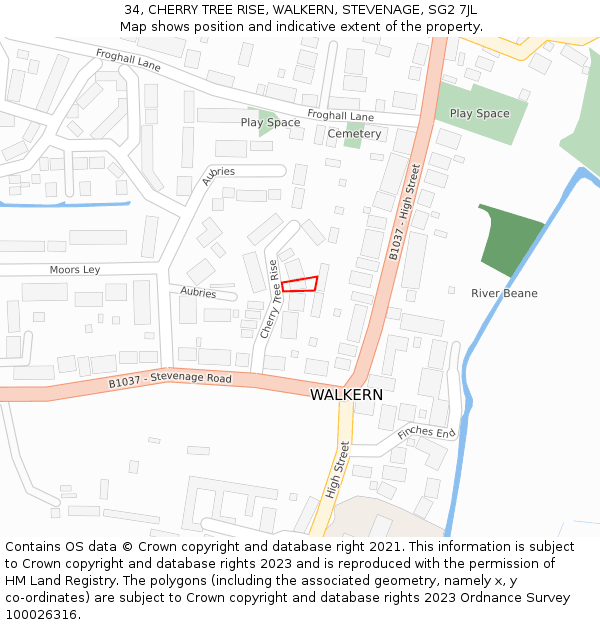 34, CHERRY TREE RISE, WALKERN, STEVENAGE, SG2 7JL: Location map and indicative extent of plot