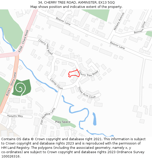 34, CHERRY TREE ROAD, AXMINSTER, EX13 5GQ: Location map and indicative extent of plot