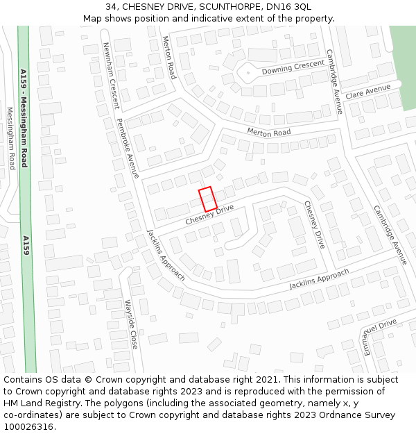 34, CHESNEY DRIVE, SCUNTHORPE, DN16 3QL: Location map and indicative extent of plot