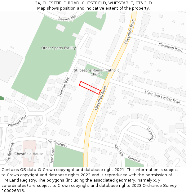 34, CHESTFIELD ROAD, CHESTFIELD, WHITSTABLE, CT5 3LD: Location map and indicative extent of plot