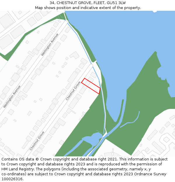 34, CHESTNUT GROVE, FLEET, GU51 3LW: Location map and indicative extent of plot