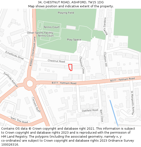 34, CHESTNUT ROAD, ASHFORD, TW15 1DG: Location map and indicative extent of plot