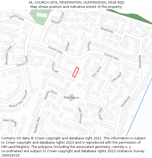 34, CHURCH LEYS, FENSTANTON, HUNTINGDON, PE28 9QD: Location map and indicative extent of plot