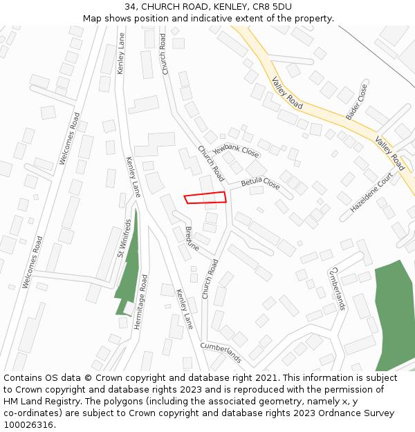 34, CHURCH ROAD, KENLEY, CR8 5DU: Location map and indicative extent of plot