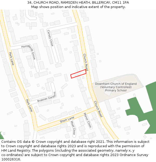 34, CHURCH ROAD, RAMSDEN HEATH, BILLERICAY, CM11 1PA: Location map and indicative extent of plot