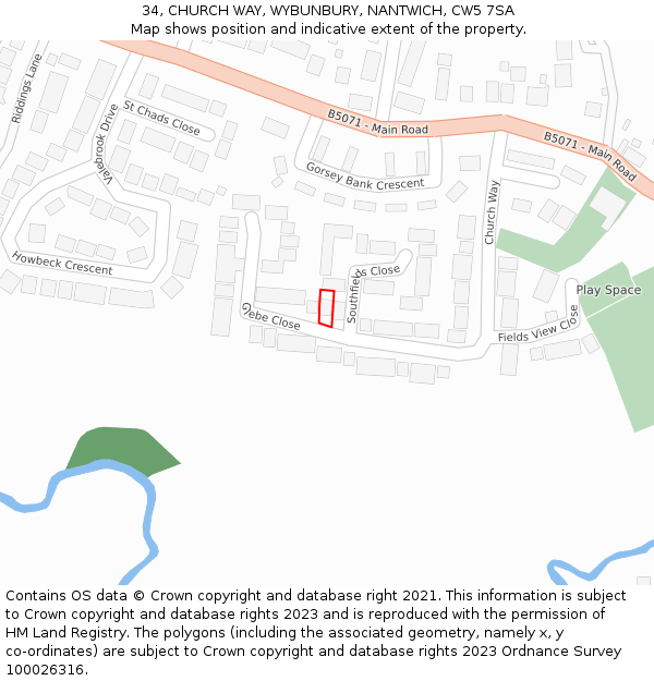 34, CHURCH WAY, WYBUNBURY, NANTWICH, CW5 7SA: Location map and indicative extent of plot