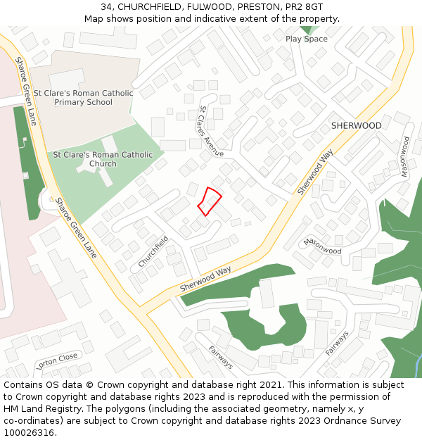 34, CHURCHFIELD, FULWOOD, PRESTON, PR2 8GT: Location map and indicative extent of plot