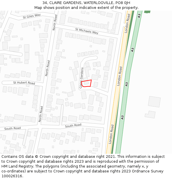 34, CLAIRE GARDENS, WATERLOOVILLE, PO8 0JH: Location map and indicative extent of plot