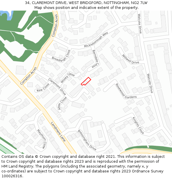 34, CLAREMONT DRIVE, WEST BRIDGFORD, NOTTINGHAM, NG2 7LW: Location map and indicative extent of plot