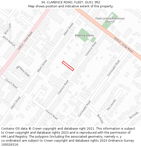 34, CLARENCE ROAD, FLEET, GU51 3RZ: Location map and indicative extent of plot