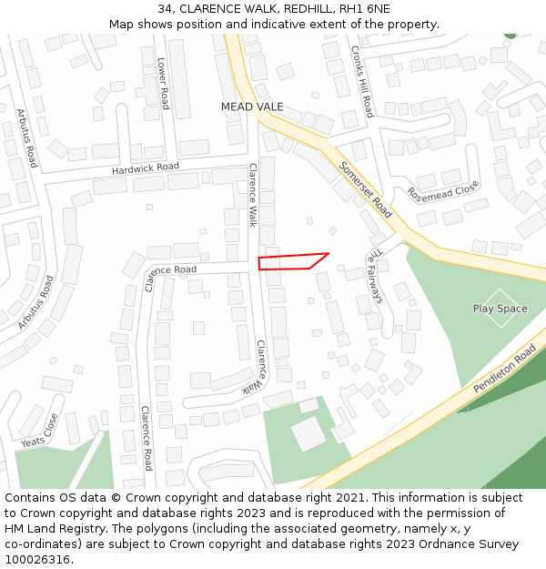 34, CLARENCE WALK, REDHILL, RH1 6NE: Location map and indicative extent of plot