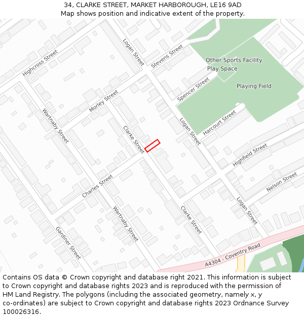 34, CLARKE STREET, MARKET HARBOROUGH, LE16 9AD: Location map and indicative extent of plot