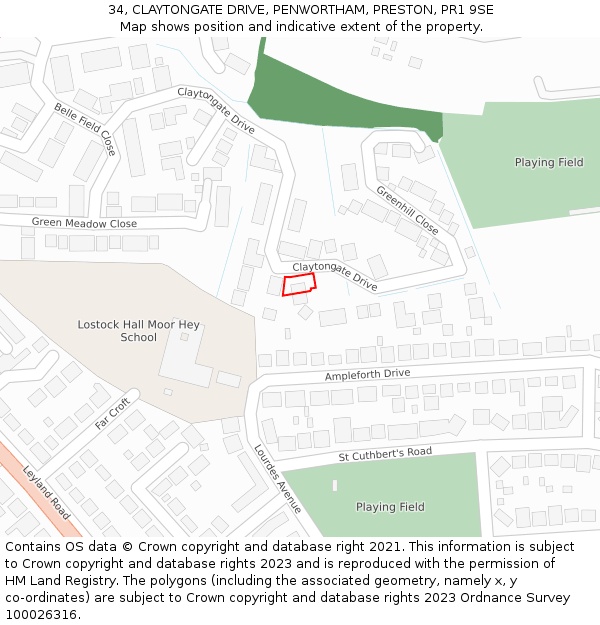 34, CLAYTONGATE DRIVE, PENWORTHAM, PRESTON, PR1 9SE: Location map and indicative extent of plot