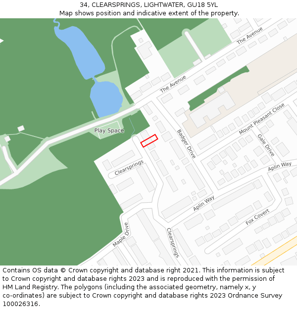 34, CLEARSPRINGS, LIGHTWATER, GU18 5YL: Location map and indicative extent of plot